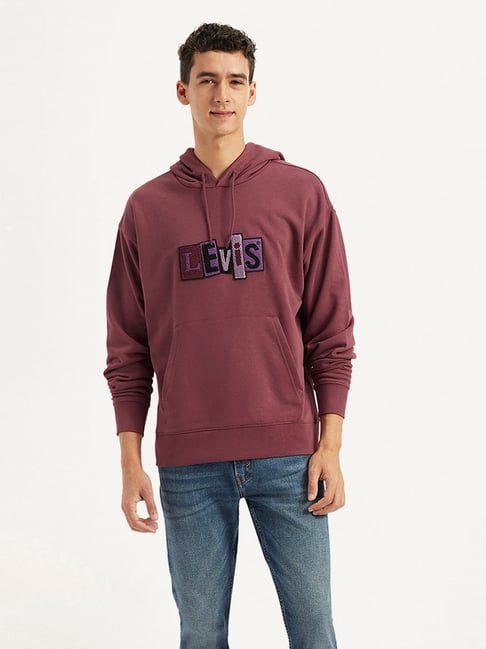 Levi's Maroon Cotton Relaxed Fit Logo Printed Hooded Sweatshirt
