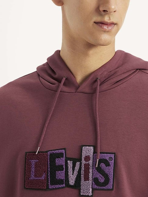Levi's Maroon Cotton Relaxed Fit Logo Printed Hooded Sweatshirt