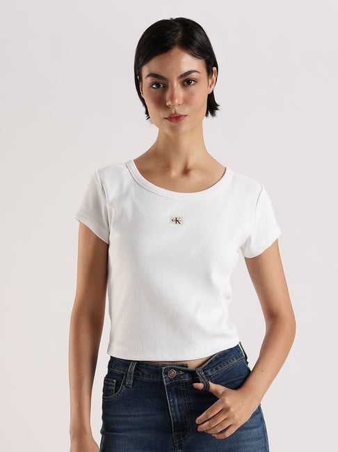 Calvin Klein Jeans White Cotton Slim Fit Self Pattern T-Shirt