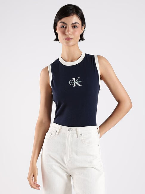 Calvin Klein Jeans Navy Cotton Regular Fit Logo Printed Tank Top