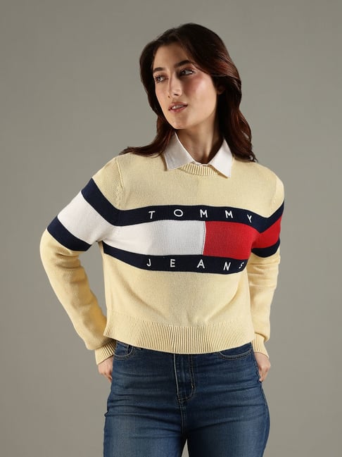 Tommy Hilfiger Yellow Cotton Relaxed Fit Logo Printed Sweatshirt