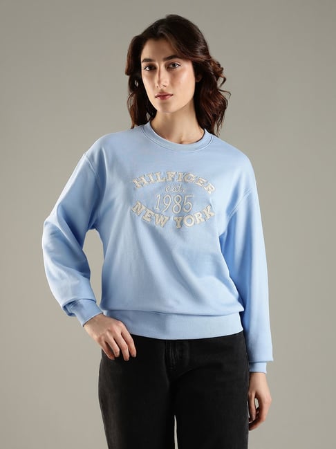 Tommy Hilfiger Blue Cotton Regular Fit Logo Printed Sweatshirt