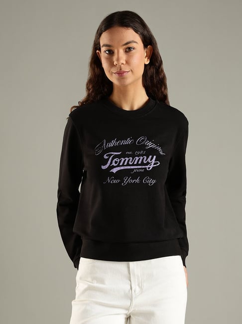 Tommy Hilfiger Black Cotton Regular Fit Logo Printed Sweatshirt