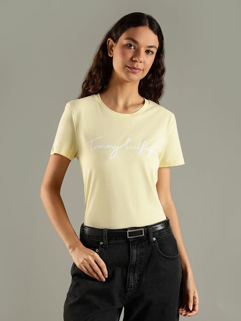 Tommy Hilfiger Yellow Cotton Regular Fit Logo Printed T-Shirt