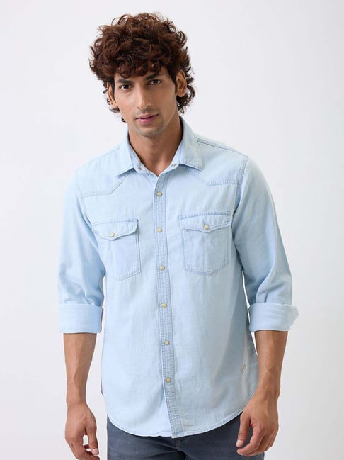 Spykar Light Blue Cotton Slim Fit Denim Shirt