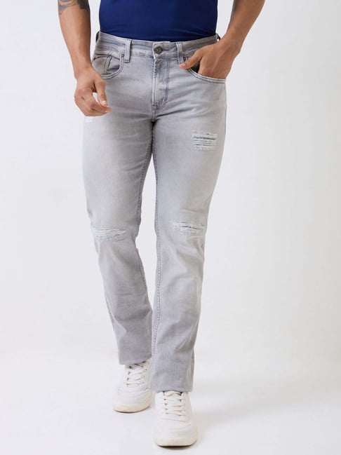 Spykar Light Grey Cotton Regular Fit Distressed Jeans-picture-43