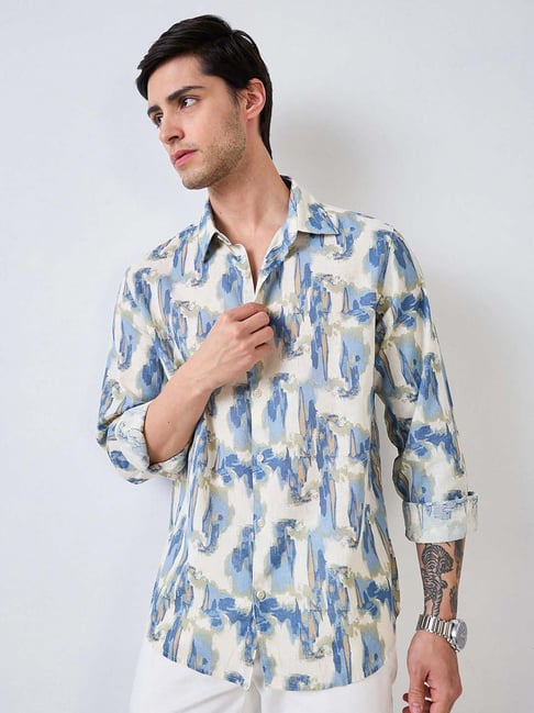 Spykar Cameo Blue Slim Fit Printed Shirt