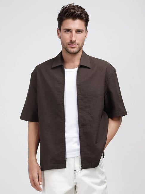 Rare Rabbit Brown Cotton Flared Fit Solid Shirt