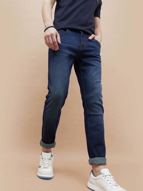 Denimize Dark Blue Cotton Slim Tapered Fit Jeans