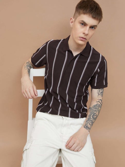 Fame Forever By Lifestyle Brown Regular Fit Striped Polo T-Shirt
