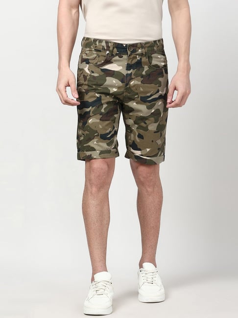 Peter England Green Cotton Regular Fit Camouflage Shorts-picture-30