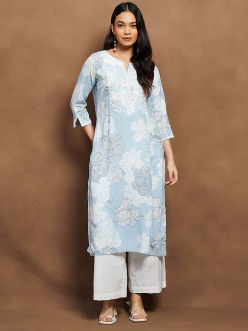 Melange By Lifestyle Blue Regular Fit Floral Print Kurta-picture-38