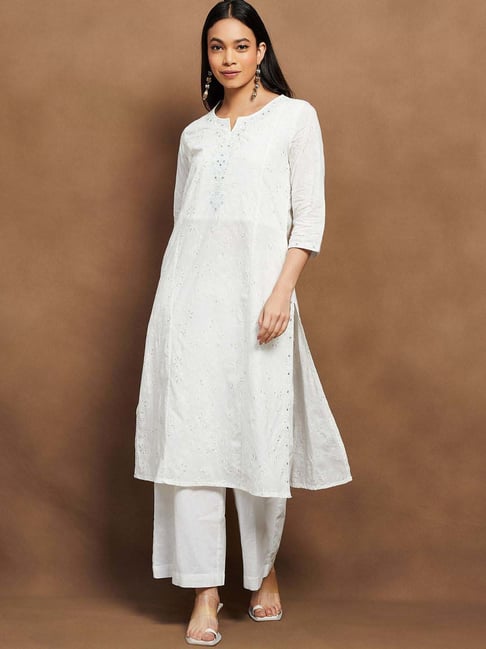 Melange By Lifestyle Off White Cotton Regular Fit Embroidered Kurta-picture-37
