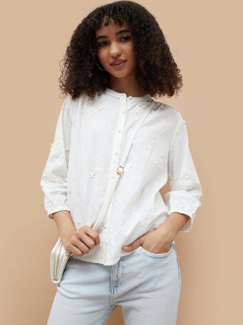 Fame Forever By Lifestyle Off White Cotton Regular Fit Embroidered Top-picture-34