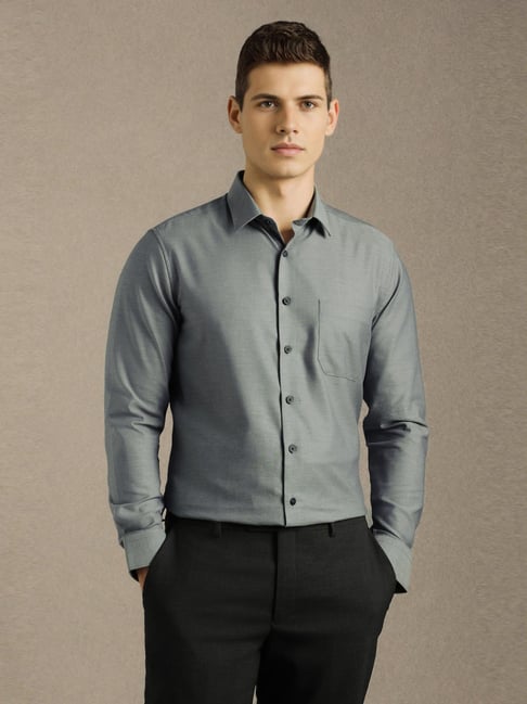 Louis Philippe Grey Cotton Slim Fit Shirt