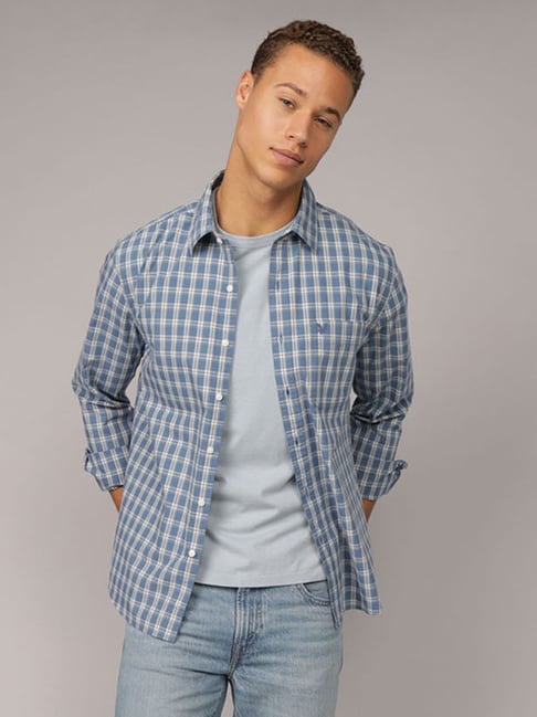 American Eagle Blue Cotton Slim Fit Checks Shirt-picture-33