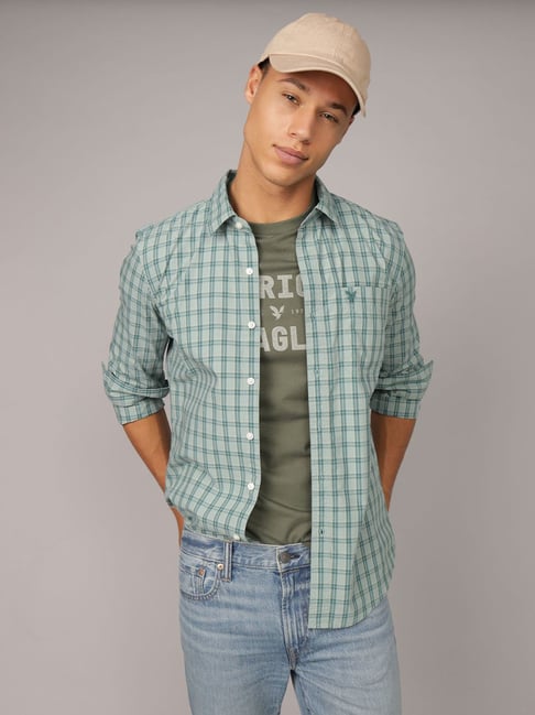 American Eagle Green Cotton Slim Fit Checks Shirt-picture-31