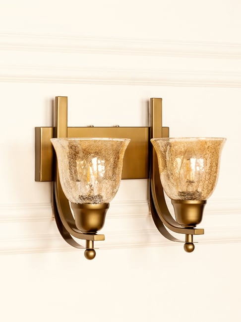 Divine Trends Gold Stainless Steel Antique Finish Double J Wall Lamp with Cup Crackled Luster Shade