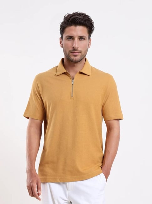 Rare Rabbit Yellow Cotton Regular Fit Solid Polo T-Shirt