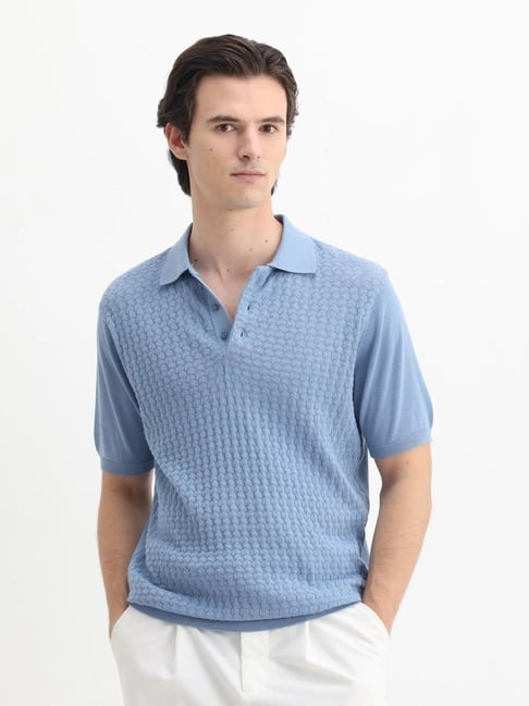 Rare Rabbit Blue Cotton Regular Fit Woven Design Polo T-Shirt