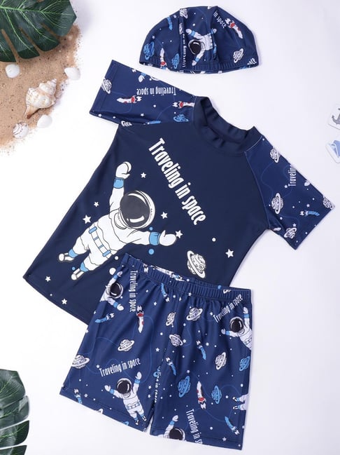 Bubble Berry Boys Blue Printed Swimsuit With Cap