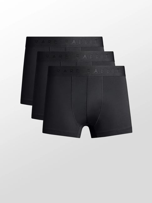Rare Rabbit Black Cotton Slim Fit Solid Trunks (Pack of 3)