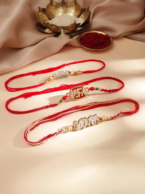Rubans Veera And Swastik Motif Stone Studded Thread Rakhi - Set of 3