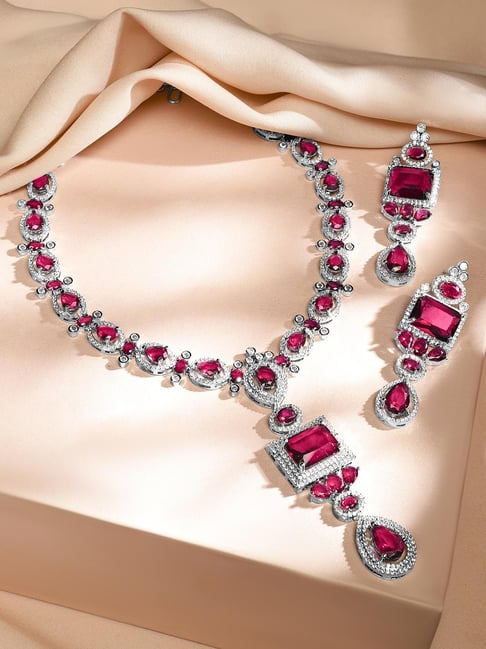 Rubans Ruby Pink & White Cubic Zirconia Necklace & Earring Sets-picture-18