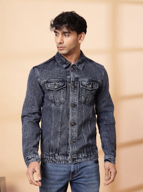 Denim Jacket Men Cotton Washed Jacket Rigo Blue Regular Fit Solid