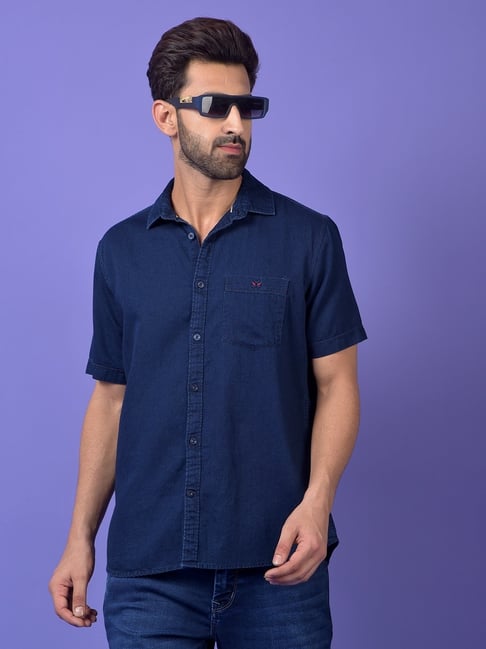 Crimsoune Club Navy Blue Cotton Slim Fit Solid Denim Shirt