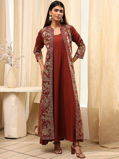 brown ethnic dress Brown Ethnic Motif Printed Georgette A-Lined Dress With Sequins & Dori