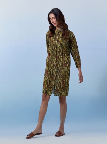 House of Fett Green Koala Printed Relaxed Fit Mini Dress