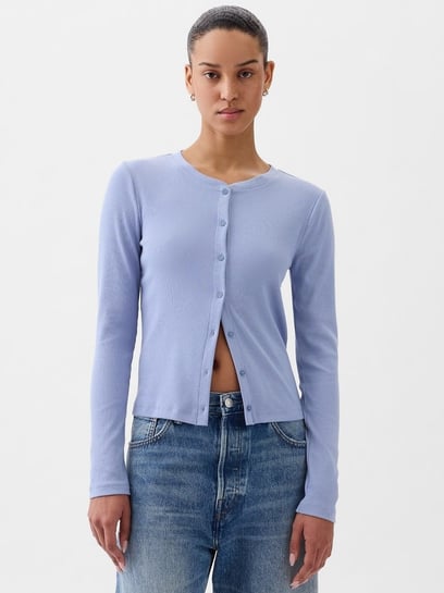 GAP Blue Solid Long Sleeves Ribbed Cardigan