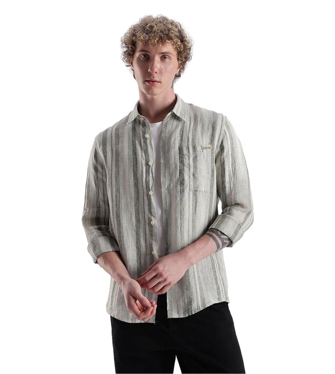 CALVIN KLEIN Green Striped Regular Fit Linen Shirt