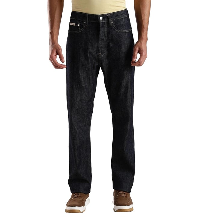 CALVIN KLEIN Dark Blue Cotton Straight Fit Mid Rise Jeans