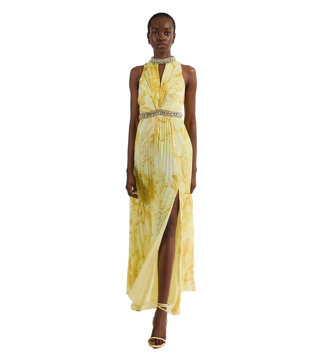 KAREN MILLEN Yellow Floral Crystal Embellished Relaxed Fit Maxi Dress