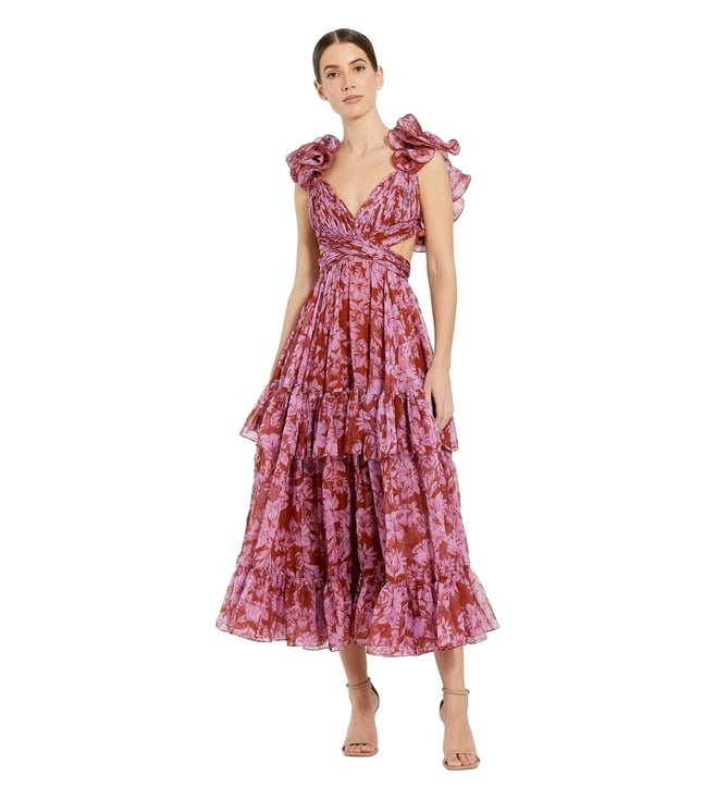 Mac Duggal Red and Pink Ruffle Tiered Cut Out Chiffon Midi Dress