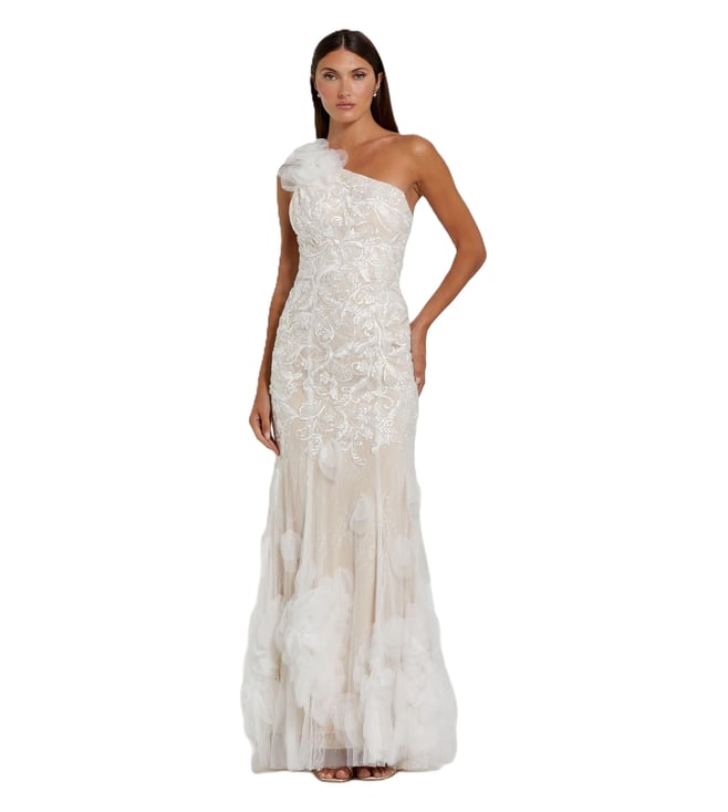 mac duggal white mermaid dress Mac Duggal Ieena 67156 One Shoulder Ruffled Mermaid Gown, White, 8