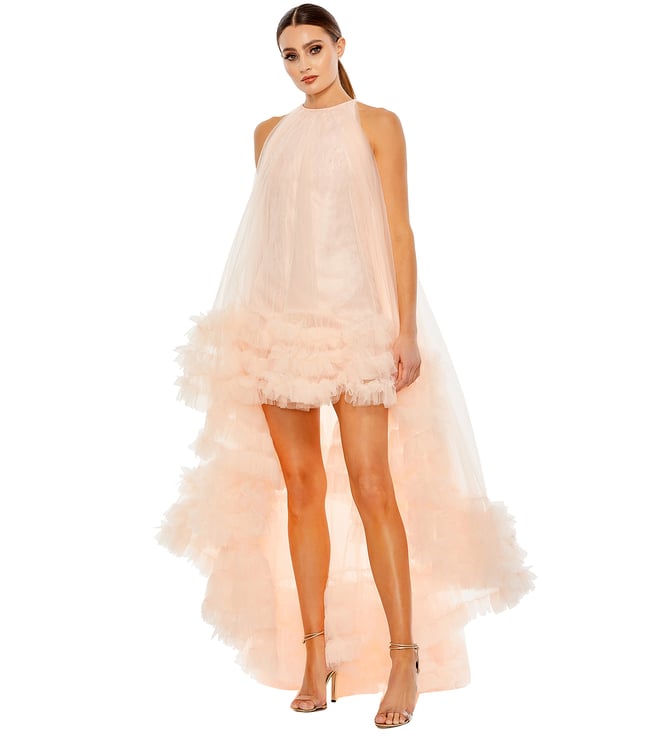 Mac Duggal Light Pink Tulle High Neck Sleeveless Ruffled Hem Hi Low Gown