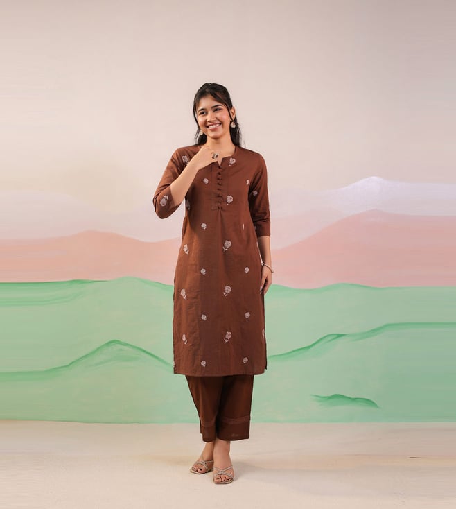 Studio Misri Brown Sugandh Embroidered Straight Fit Kurta set