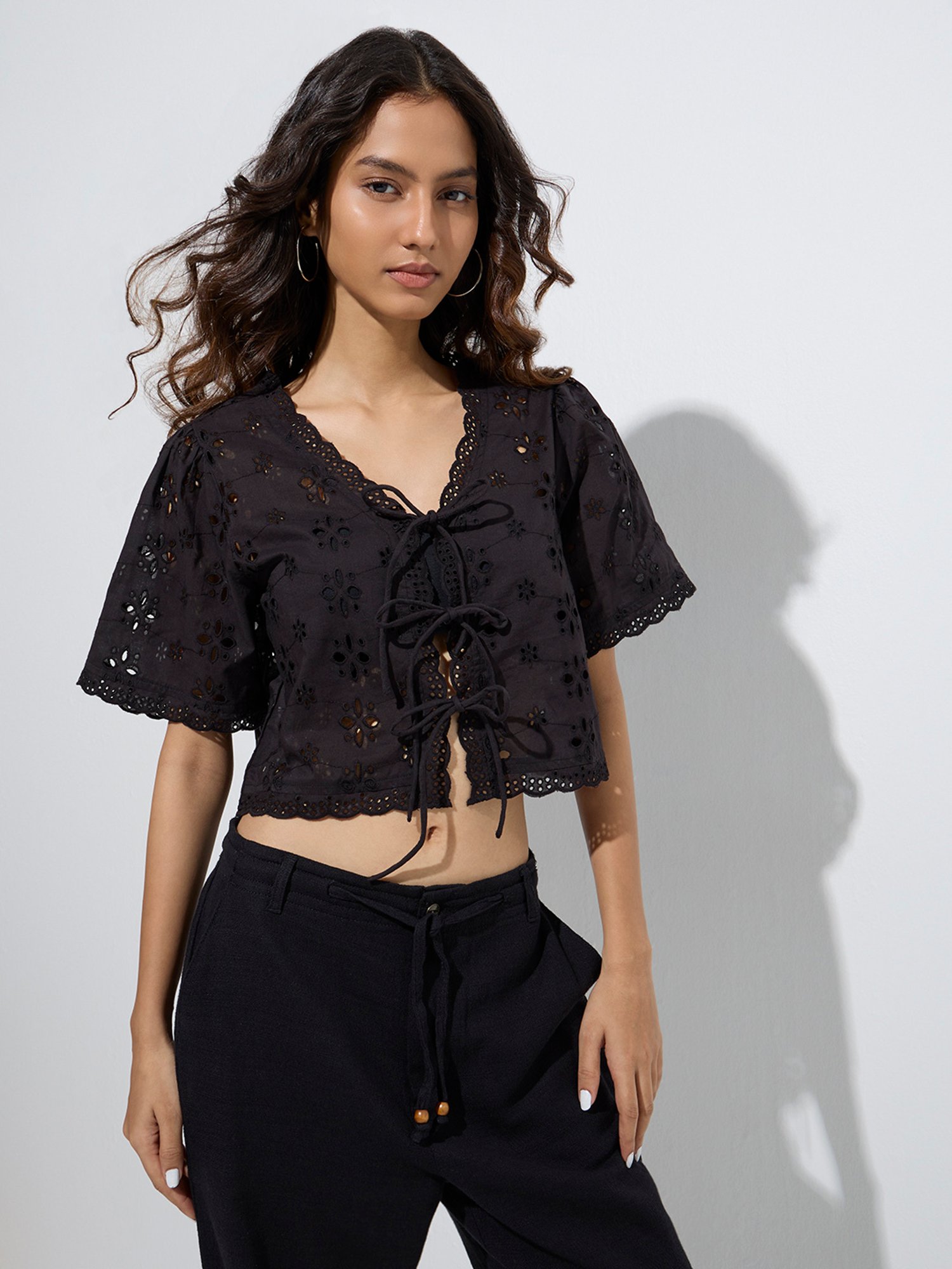 Bombay Paisley by Westside Black Schiffli-Detailed Cotton Top