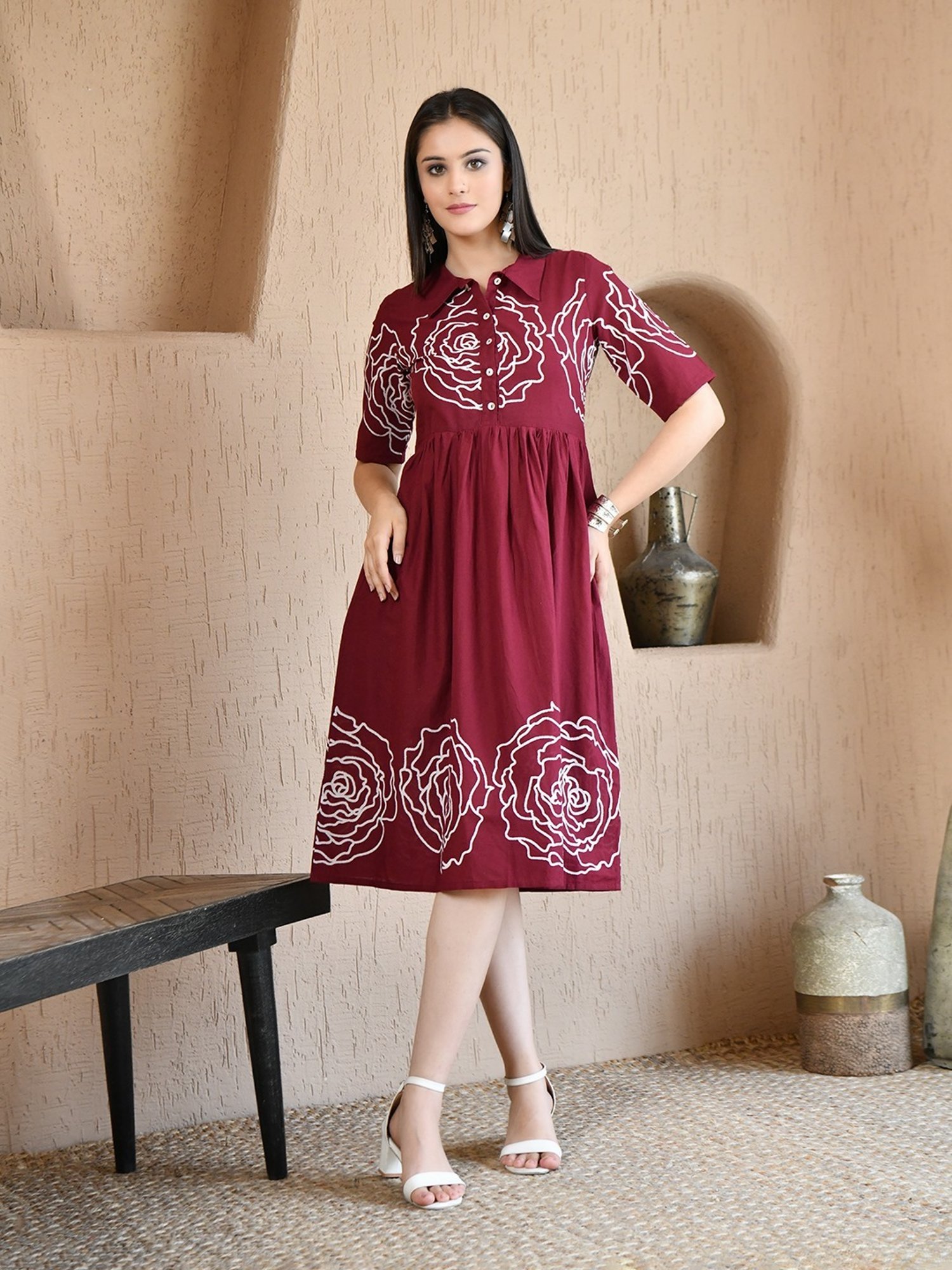 DECKEDUP Wine Cotton Printed Short Sleeves Dress