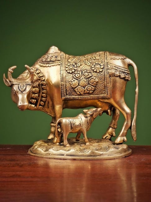 Ekaa Handicrafts Brass Cow and Calf Idol Figurine Home Decor Kamdhenu Showpiece-picture-22