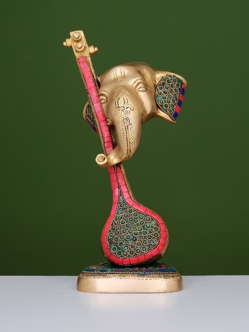 Ekaa Handicrafts Gold Brass Lord Ganesha with Veena with Stonework-picture-12