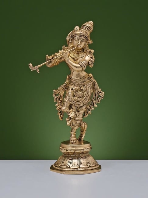 Ekaa Handicrafts Gold Brass Krishna Statue playing Flute-picture-21