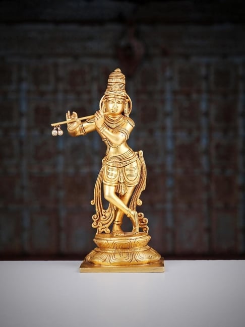 Ekaa Handicrafts Gold Brass Lord Krishna Statue Playing Flute Home Temple Krishan Idol-picture-17