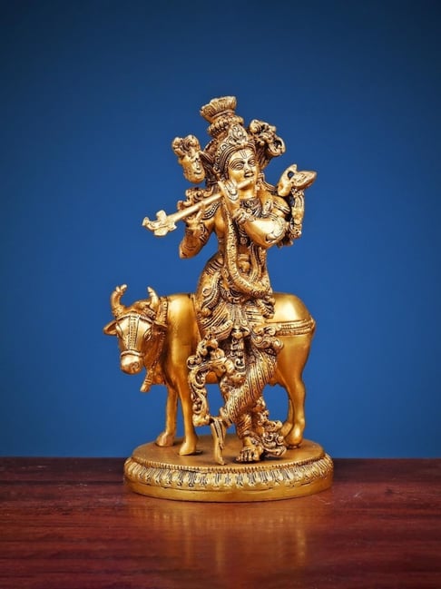 Ekaa Handicrafts Gold Lord Krishna Statue With Cow Home Temple Cow Krishna Idol In Brass-picture-36