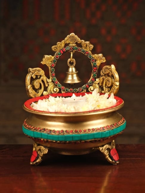 Ekaa Handicrafts Multicolour Brass Urli With Bell With Stonework-picture-44