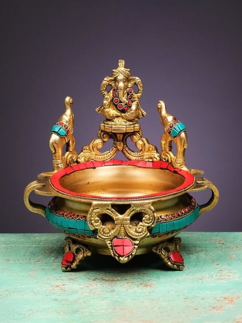 Ekaa Handicrafts Multicolour Brass Urli Water Bowl With Ganesha Stonework-picture-48