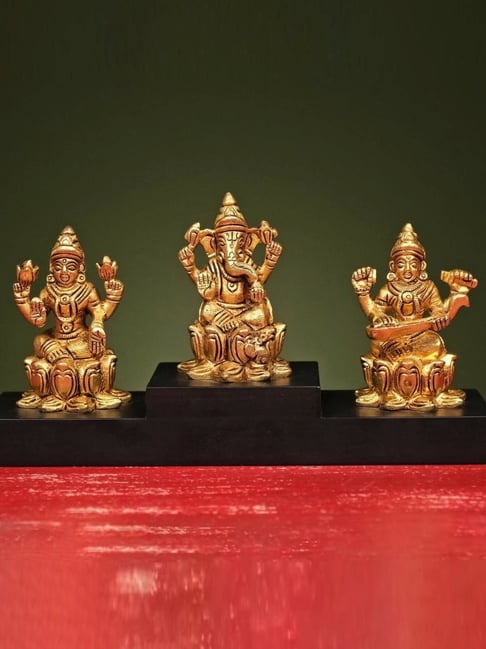 Ekaa Handicrafts Gold Brass Lord Ganesh Devi Laxmi Devi Saraswati On Wooden Base-picture-19